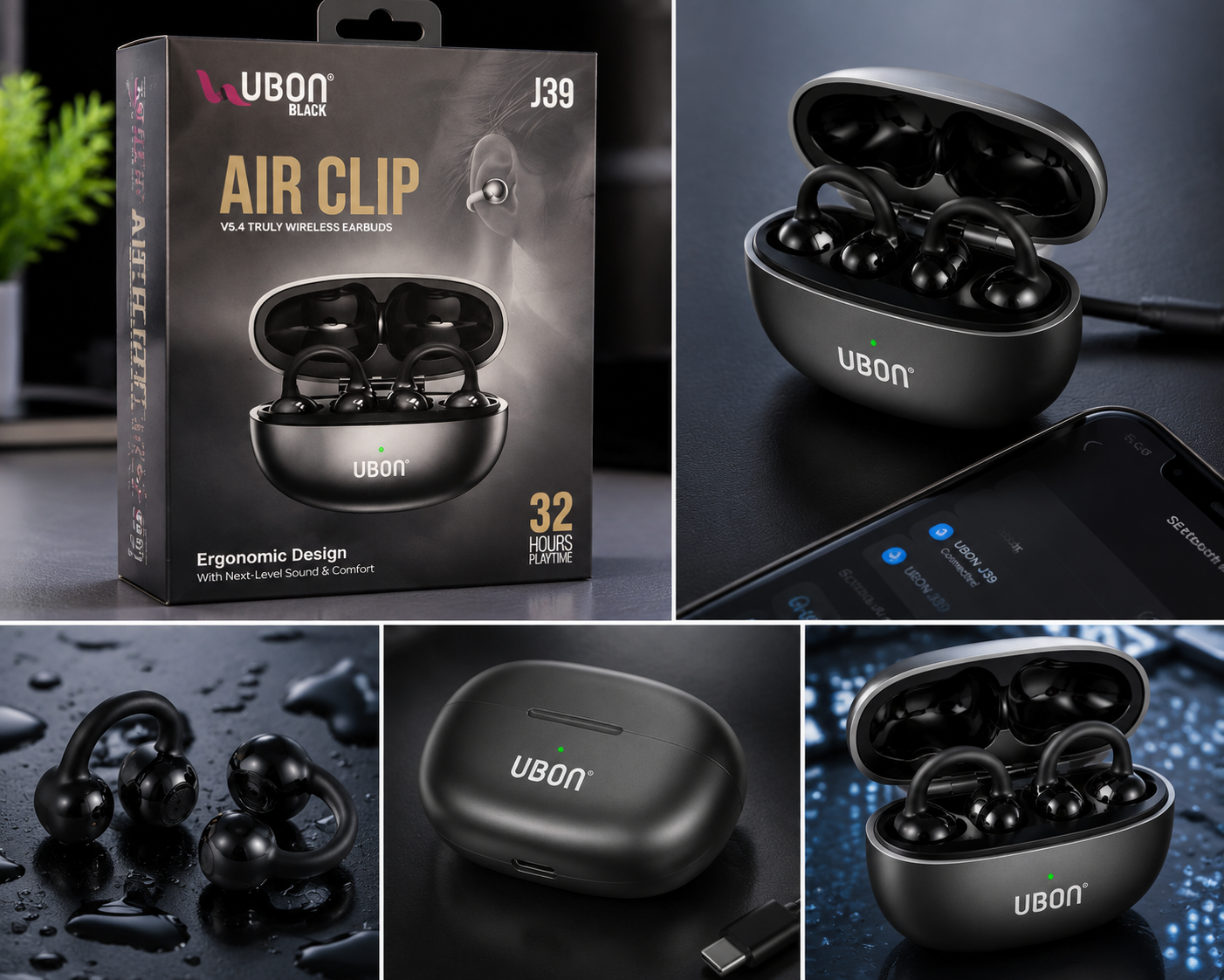 UBON Black J39 Air Clip TWS